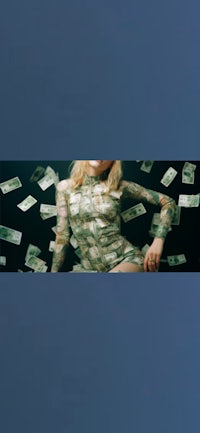 a picture of a woman with money flying around her